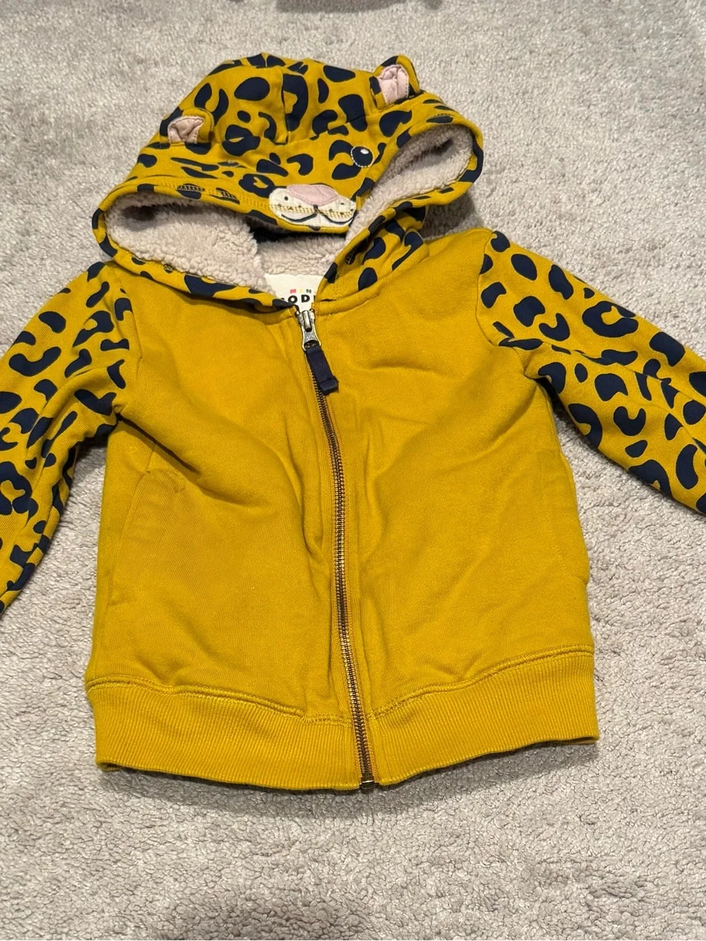 Mini Boden Mustard Yellow Leopard Hooded Zip Jacket 3-4y